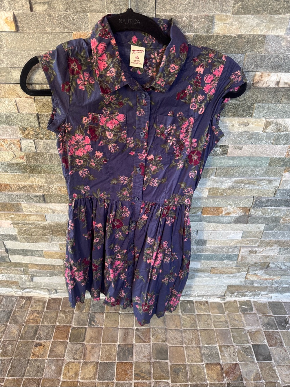 Arizona Floral Button-Front Navy Dress with Pink Rose Print